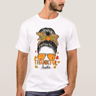 Leopard Thankful Auntie Fall Messy Bun Thanksgivin T-Shirt