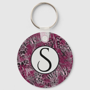 Leopard tiger grey maroon spotted key ring