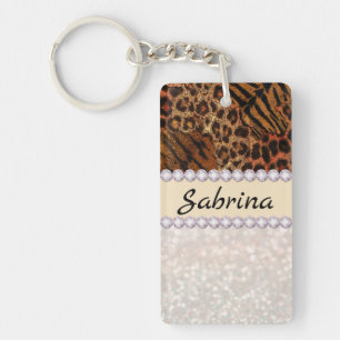 leopard tiger skin pink diamond glitter crystals key ring