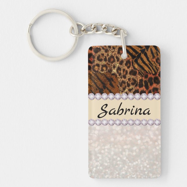 leopard tiger skin pink diamond glitter crystals key ring (Front)