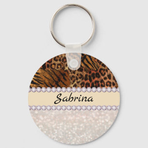 Leopard tiger skin pink diamond glitter crystals key ring