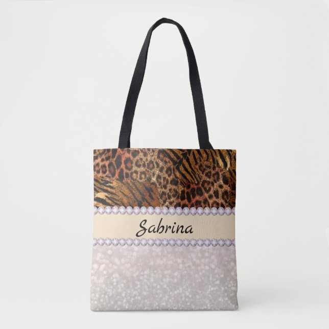 leopard tiger skin pink diamond glitter crystals tote bag (Front)