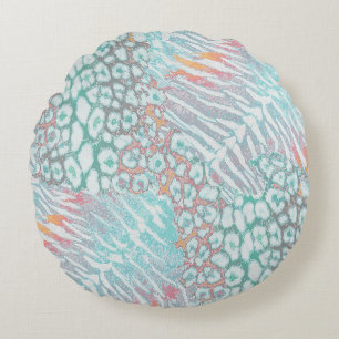 Leopard ,tiger, skin, spotted, striped, Turquoise, Round Cushion