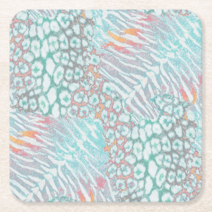 Leopard ,tiger, skin, spotted, striped, Turquoise, Square Paper Coaster
