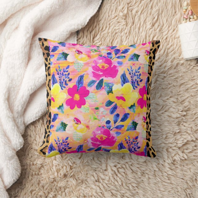 Leopard Trim Pink Floral Throw Pillow (Blanket)