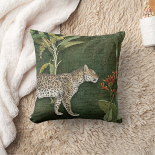Leopard Tropical Floral n Foliage Jungle Green Red Cushion