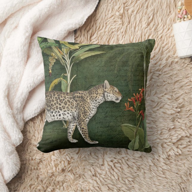 Leopard Tropical Floral n Foliage Jungle Green Red Cushion (Blanket)
