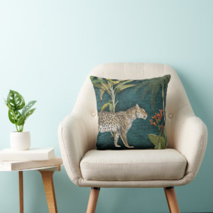 Leopard Tropical Floral n Foliage Jungle Teal Blue Cushion