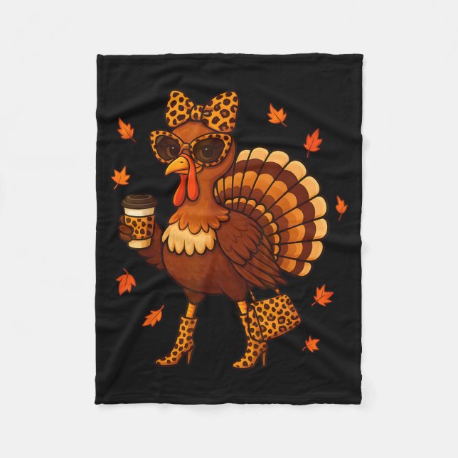Leopard Turkey Drinking Coffee Thanksgiving Women  Fleece Blanket (Front)
