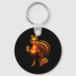 Leopard Turkey Drinking Coffee Thanksgiving Women Key Ring