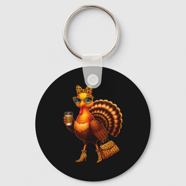 Leopard Turkey Drinking Coffee Thanksgiving Women  Key Ring (Front)