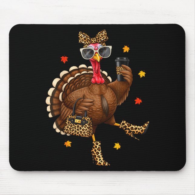 Leopard Turkey Drinking Coffee Thanksgiving Women  Mouse Mat (Front)