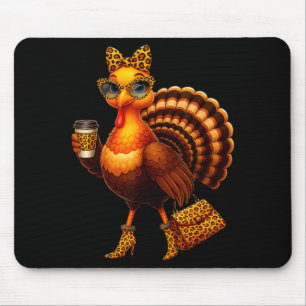 Leopard Turkey Drinking Coffee Thanksgiving Women  Mouse Mat