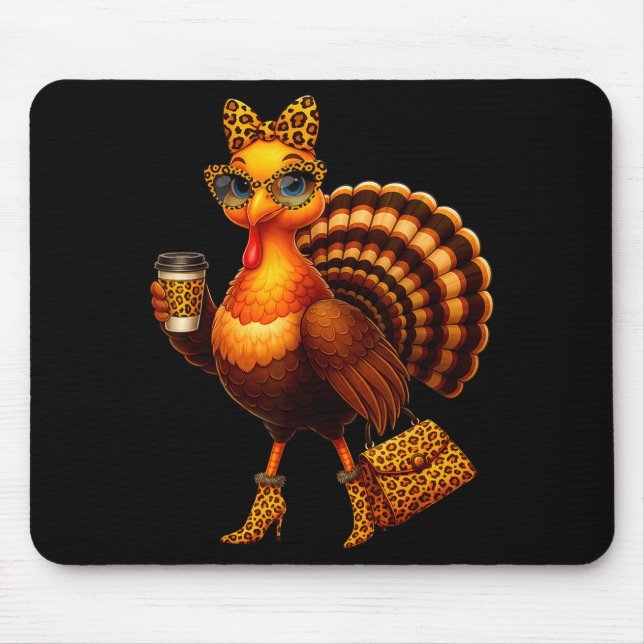 Leopard Turkey Drinking Coffee Thanksgiving Women  Mouse Mat (Front)