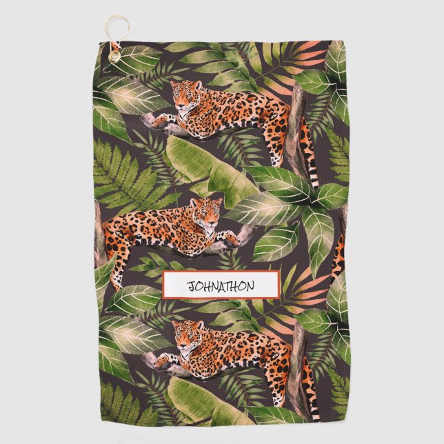 Leopard Watercolor Jungle Name  Golf Towel (Front)