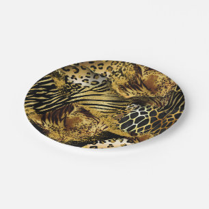Leopard wild animal safari skin gold black paper plate