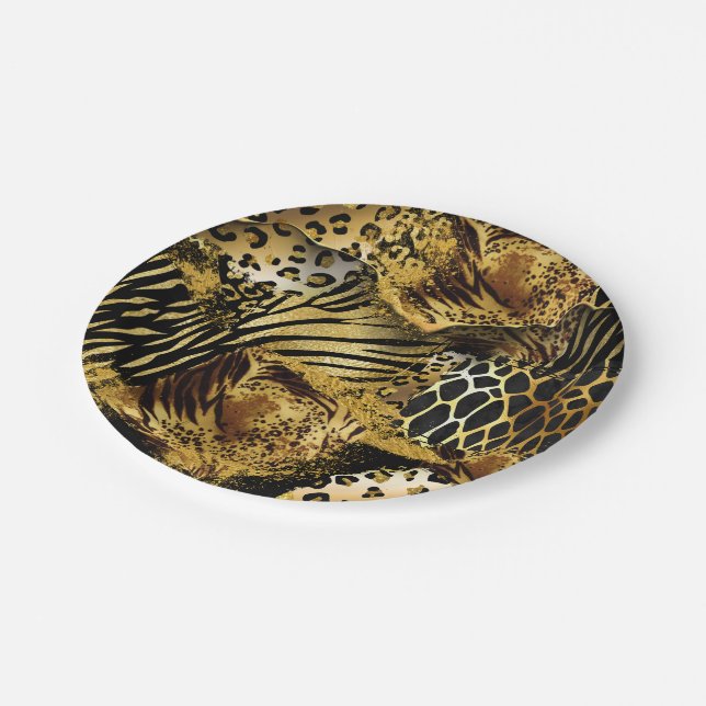 Leopard wild animal safari skin gold black paper plate (Angled)