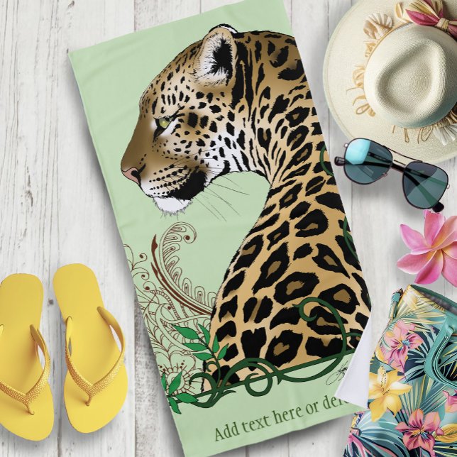 Leopard Wild Cat Green Henna Beach Towel (Creator Uploaded)