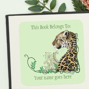Leopard Wild Cat Green Henna Bookplate Square Sticker