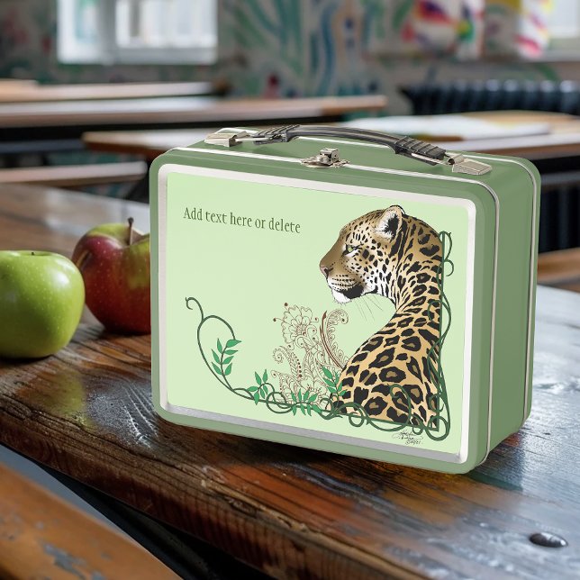 Leopard Wild Cat Green Henna Metal Lunch Box (Creator Uploaded)