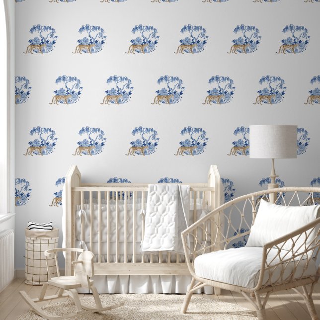 Leopard Willow Tree Chinoiserie Blue and White  Wallpaper (Kids)