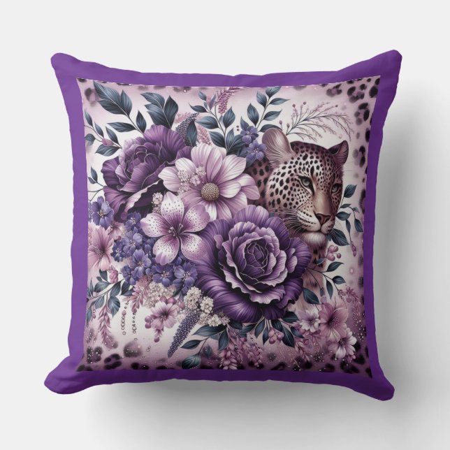Leopard with Purple Flowers Cushion (Front)