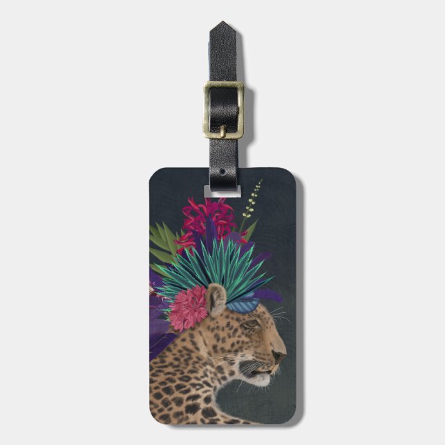 Leopard with Tropical Headpiece Luggage Tag (Front Vertical)
