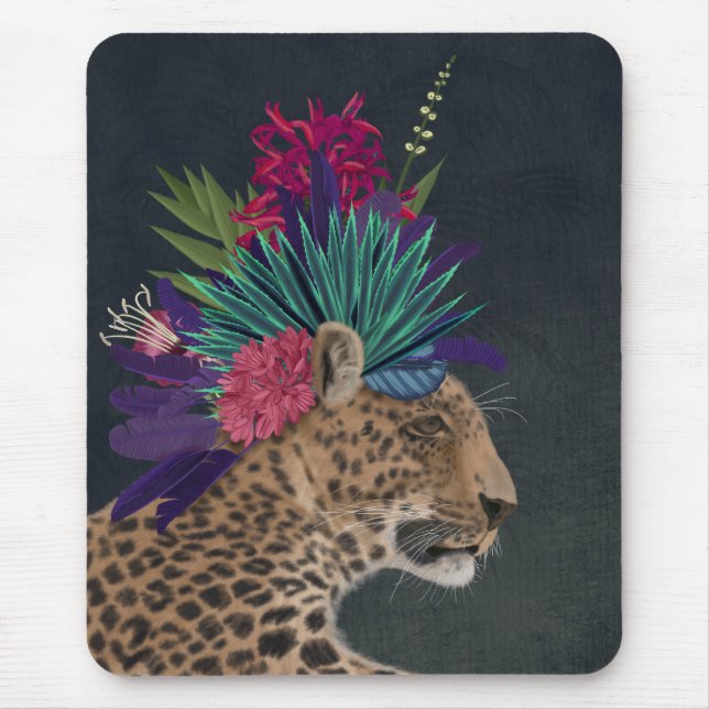 Leopard with Tropical Headpiece Mouse Mat (Front)
