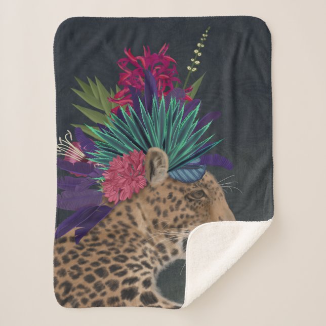 Leopard with Tropical Headpiece Sherpa Blanket (Front)