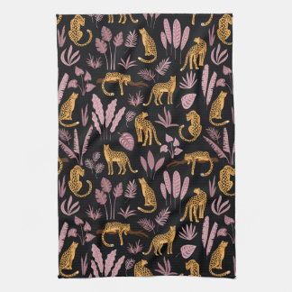 Leopard With tropical Leaves Pattern Tea Towel