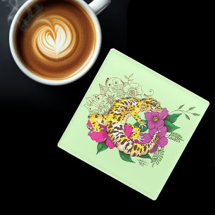 Leopard Yellow Gecko Green Glass Coaster