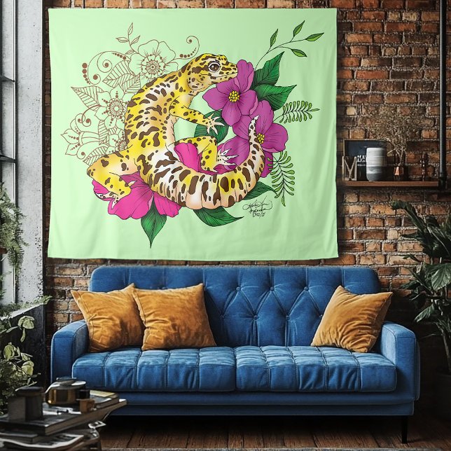 Leopard Yellow Gecko Green Tapestry (Creator Uploaded)