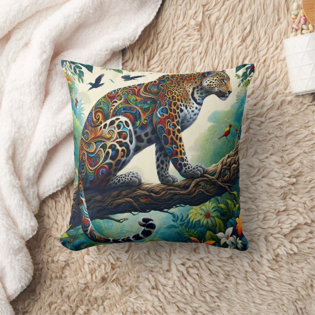 Leopard Zeal: Vibrant Jungle Patterns Cushion (Blanket)