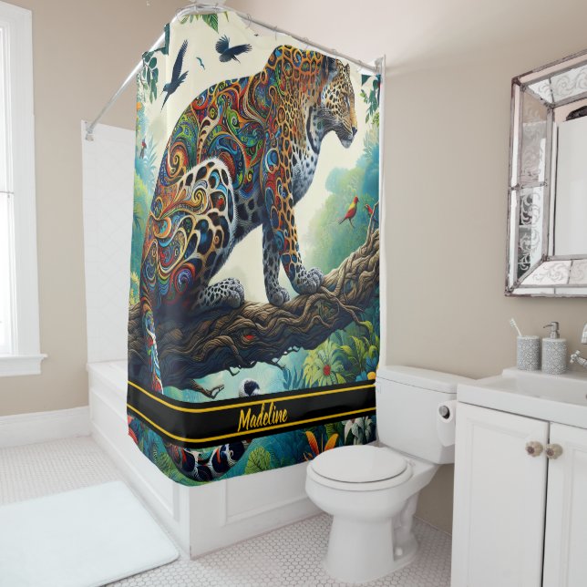 Leopard Zeal: Vibrant Jungle Patterns Shower Curtain (In Situ)