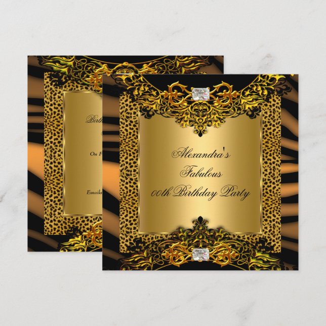 Leopard Zebra Gold Black Lace Diamond Birthday Invitation (Front/Back)