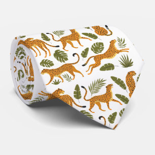 Leopards Cheetahs Tropical Leaves White Background Tie