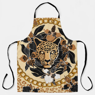 leopard's head surrounded by orchids, gold chain a apron