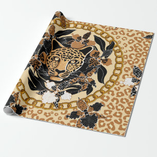 leopard's head surrounded by orchids, gold chain a wrapping paper
