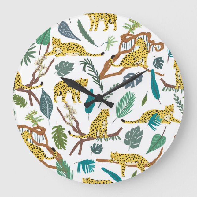 Leopards in jungle, hand-drawn pattern. large clock (Front)