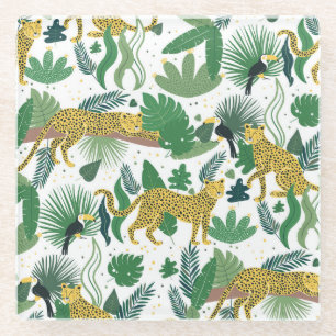 Leopards Jungle: Tropical Kids Seamless. Glass Coaster