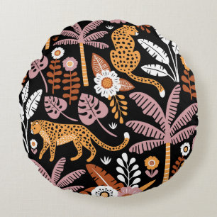 Leopards Palms Vintage Seamless Pattern Round Cushion