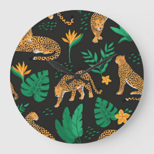 Leopards Tropical Leaves: Vintage Seamless. Large Clock