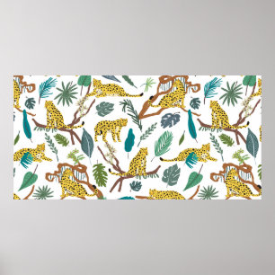 Leopards wild animals in jungle forest hand drawn  poster