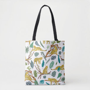 Leopards wild animals in jungle forest hand drawn tote bag