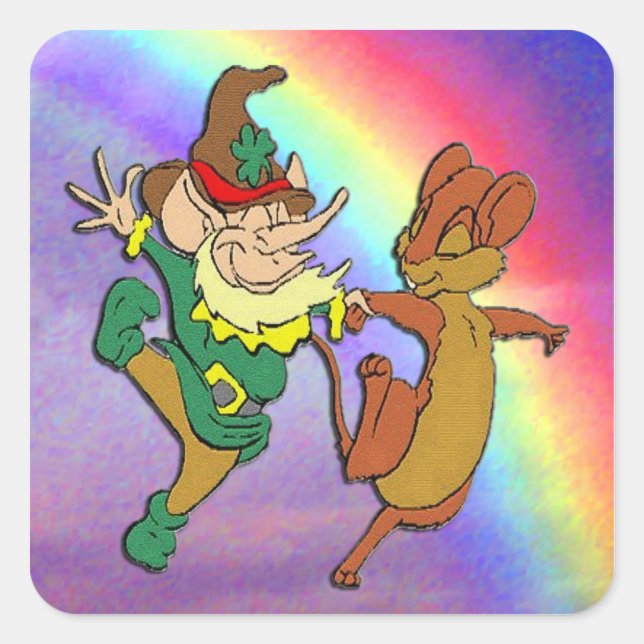 Leprechaun and Mouse Dancing with Rainbow Square Sticker (Front)
