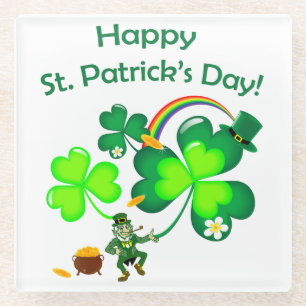 Leprechaun and Shamrock Glass Coaster