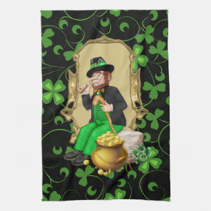 Leprechaun and Shamrocks Tea Towel