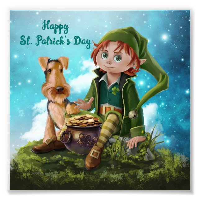 Leprechaun boy, Irish Terrier and pot of gold Photo Print (Front)