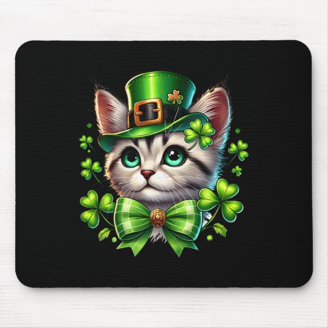 Leprechaun Cat St Patricks Day Coquette Bow Shamro Mouse Mat (Front)
