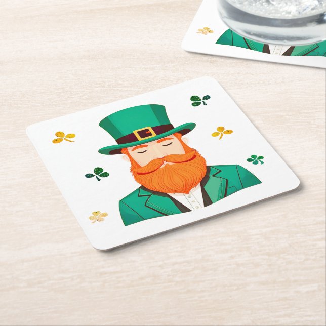 Leprechaun Clover Shamrock Patrick's Day Square Paper Coaster (Angled)